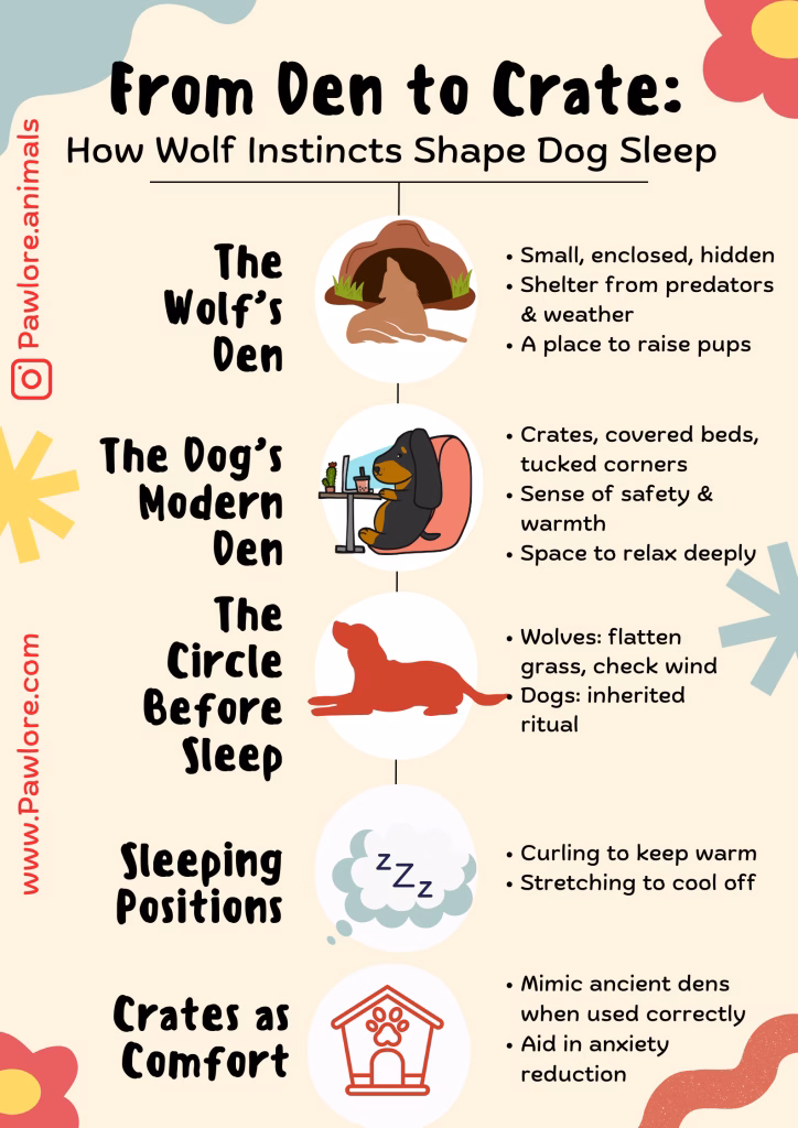 Infographic showing how wolf sleeping instincts influence domestic dog sleep habits, including den use, circling before sleep, sleeping positions, and crate comfort.