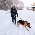 A man walking his dog on a snowy road during winter, showing safe cold-weather dog walking.